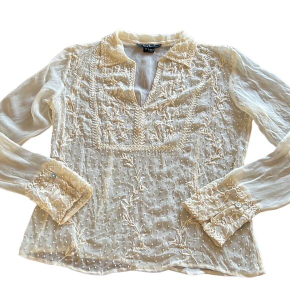 ECI Cream Silk Beaded Blouse Sheer Fancy Woman Size Small Boho Fairy - Picture 5 of 10